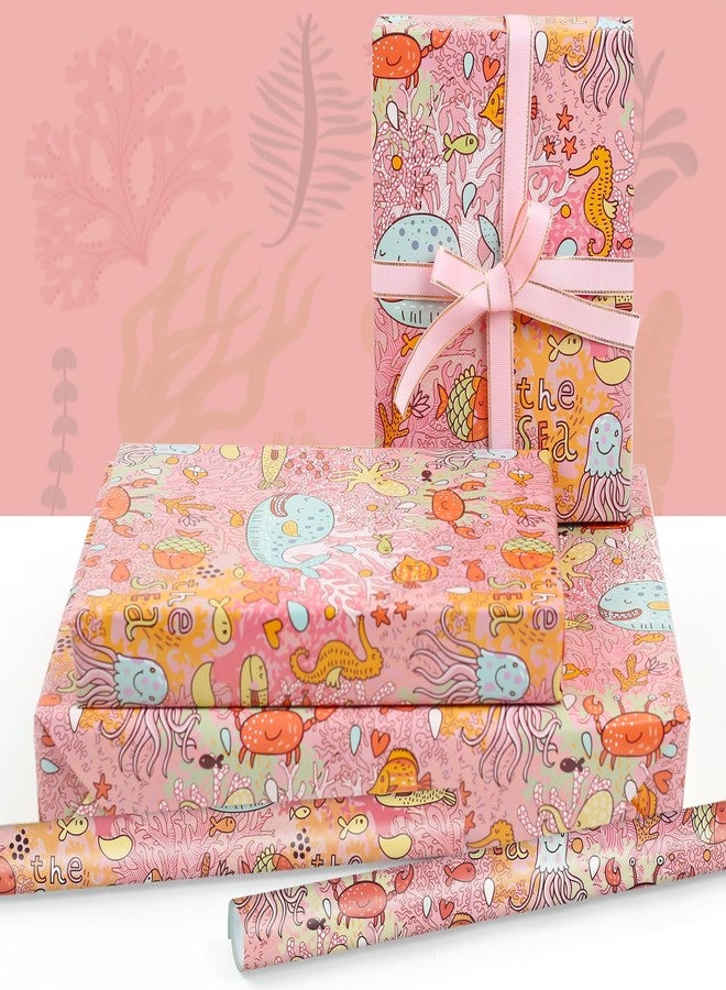 AirCool Under the Sea Wrapping Paper for Girls Kids Boys, 6 Sheets Pink Ocean Coral Sea Star Crab Octopus Whale Beach Coastal Gift Wrap Paper, 20 x 28 inch Per Sheet Gift Paper for Birthday, Baby Shower - Image 3